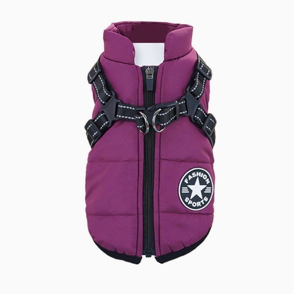 WINTER DOG COAT WITH ATTACHED HARNESS IN PURPLE - Picture 2 of 6